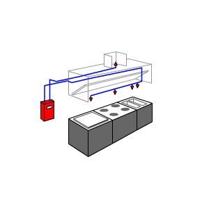Kitchen ventilation diagram showing a red exhaust unit connected by blue ducts over a cooking range.