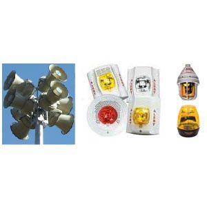 Various traffic signal lights on white background, including a cluster of black floodlights and two white signal units.