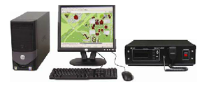 Desktop computer setup with monitor, keyboard, mouse, tower, and external drive device