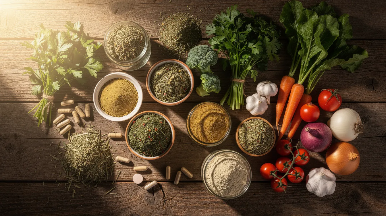 Assorted grains, vegetables, and spices arranged on a rustic wooden surface under warm light