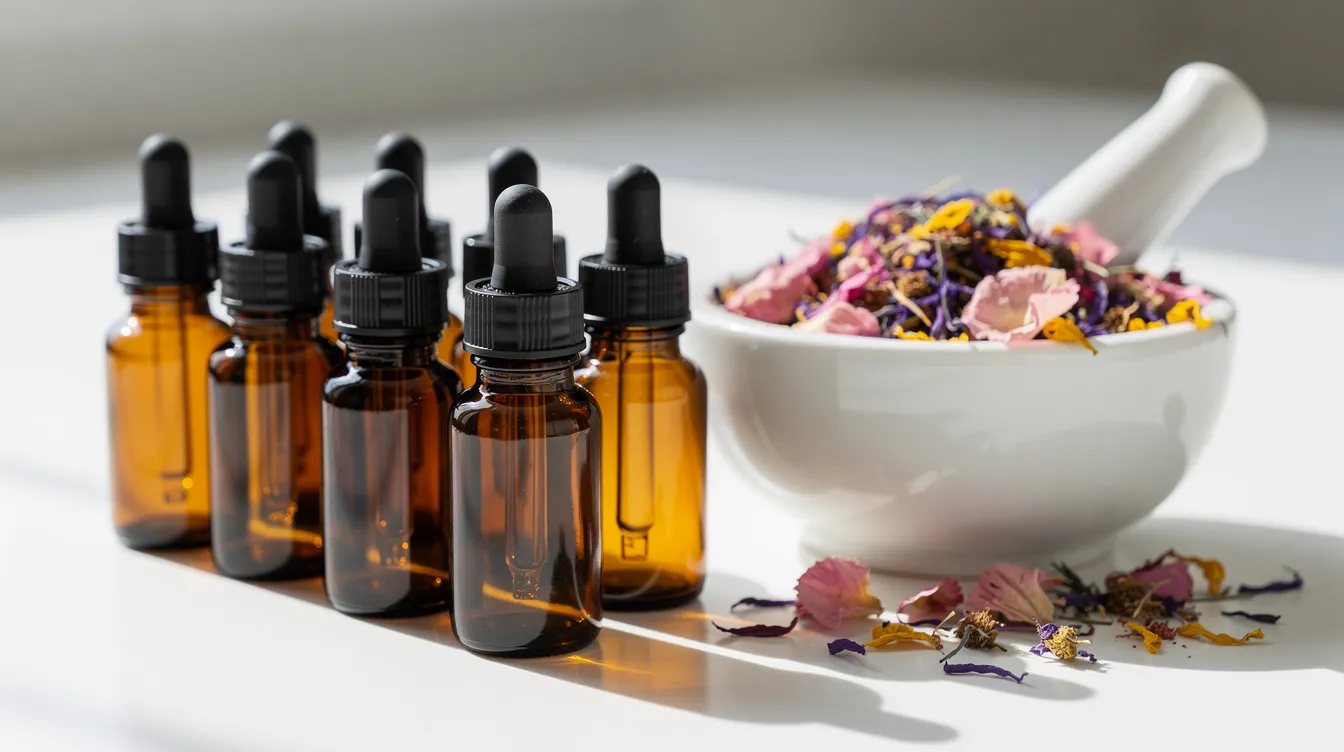 The image features small amber glass dropper bottles alongside a mortar and pestle filled with colorful dried flower petals, symbolizing the essence of holistic and herbal medicine. These elements represent natural therapies commonly used by holistic practitioners and homeopathic doctors to promote optimal health and well-being.