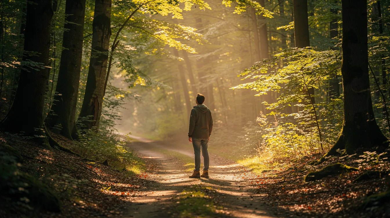 The image depicts a person standing at a fork in a wooded path, with sunlight filtering through the trees, symbolizing the choices and narratives we encounter in our lives. This scene reflects the essence of narrative therapy, where individuals explore their own stories and the preferred realities they wish to create.