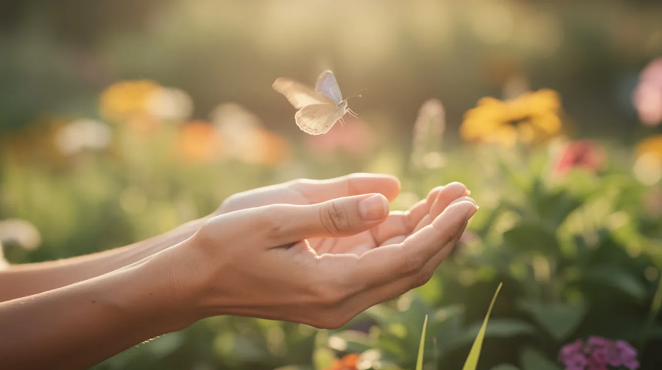 The image depicts a pair of hands gently releasing a small butterfly into a vibrant open garden, symbolizing the act of nurturing and the creation of new narratives in one's life. This moment reflects the therapeutic practice of re-authoring stories, where individuals can embrace positive transformations and explore their preferred realities.