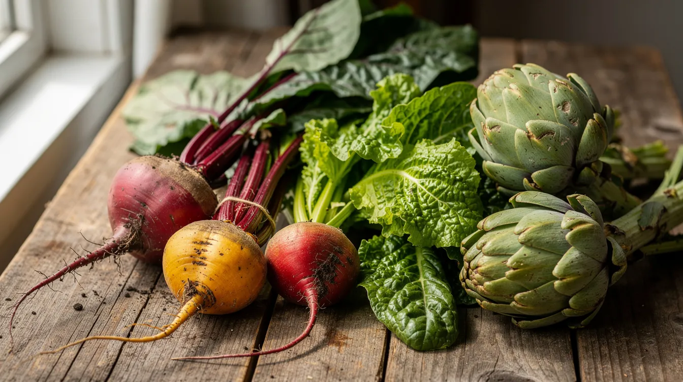 Fresh beets, artichokes, and leafy greens arranged on a rustic wooden table by a window