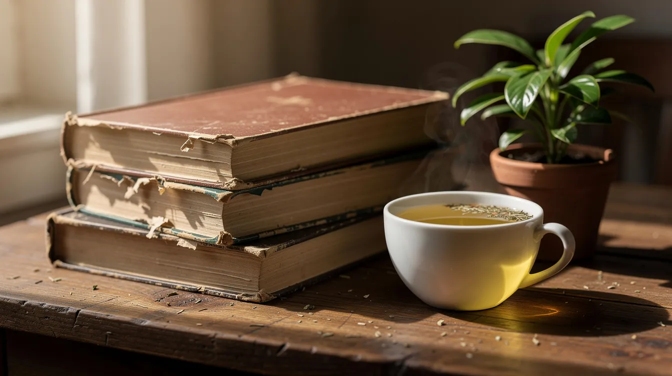 The image features a stack of well-worn books on a wooden desk, accompanied by a cup of herbal tea and a small potted plant, symbolizing a holistic approach to health and wellness. This serene setup reflects the integration of natural remedies and alternative therapies, promoting optimal health and well-being.