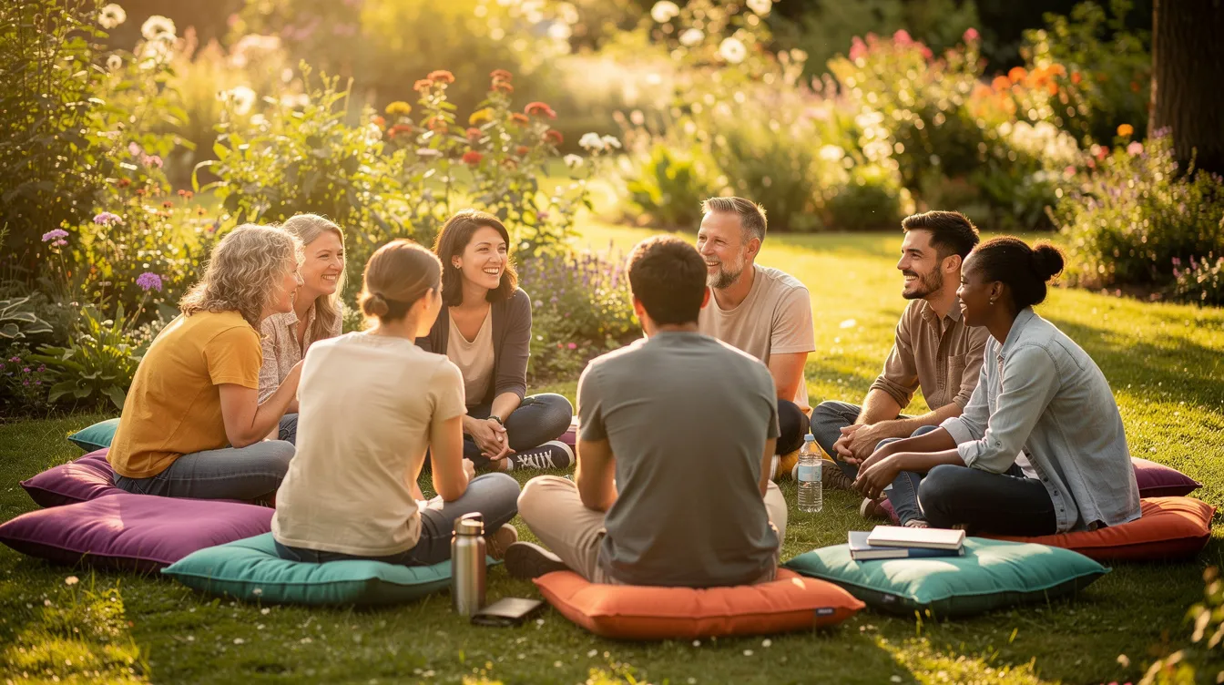 The image depicts a diverse group of people sitting in a circle on colorful cushions in a lush garden, engaging in a therapeutic conversation. This setting fosters a sense of community work as they share their life stories and explore alternative narratives, aiming to create space for preferred realities and unique outcomes.