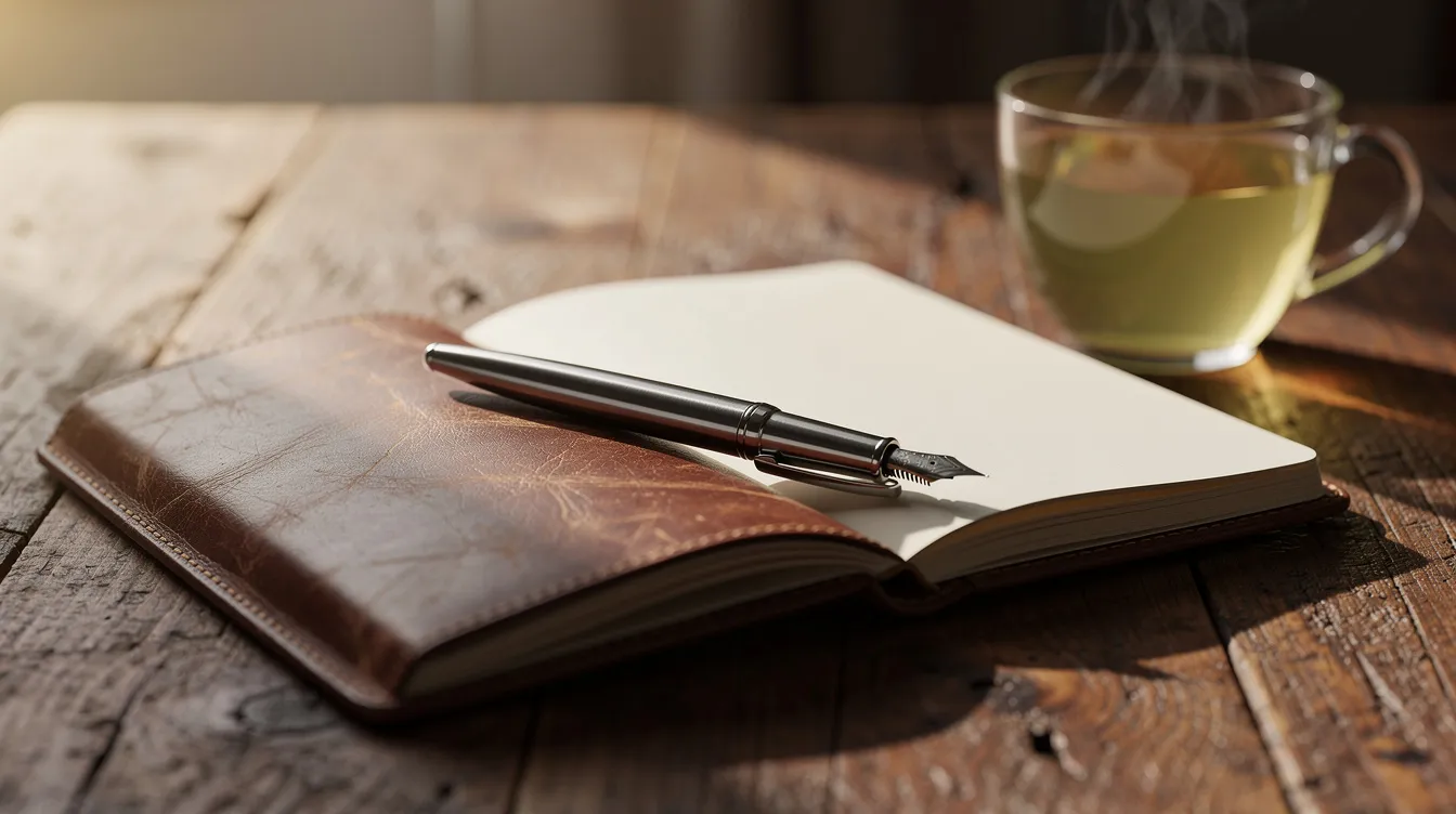 Open notebook with pen on rustic wooden table beside a cup of tea