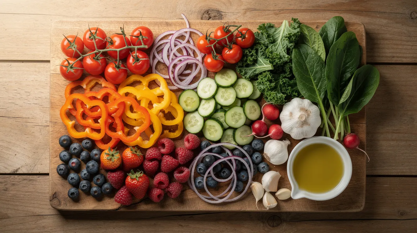 Fresh vegetables and fruits arranged on a wooden table, including tomatoes, peppers, cucumbers, berries, garlic, and olive oil.
