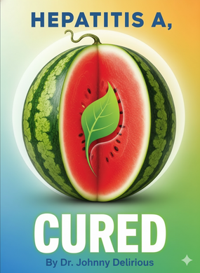 Watermelon cut open to reveal a leaf. Text: Hepatitis A, CURED by Dr. Johnny Delirious.