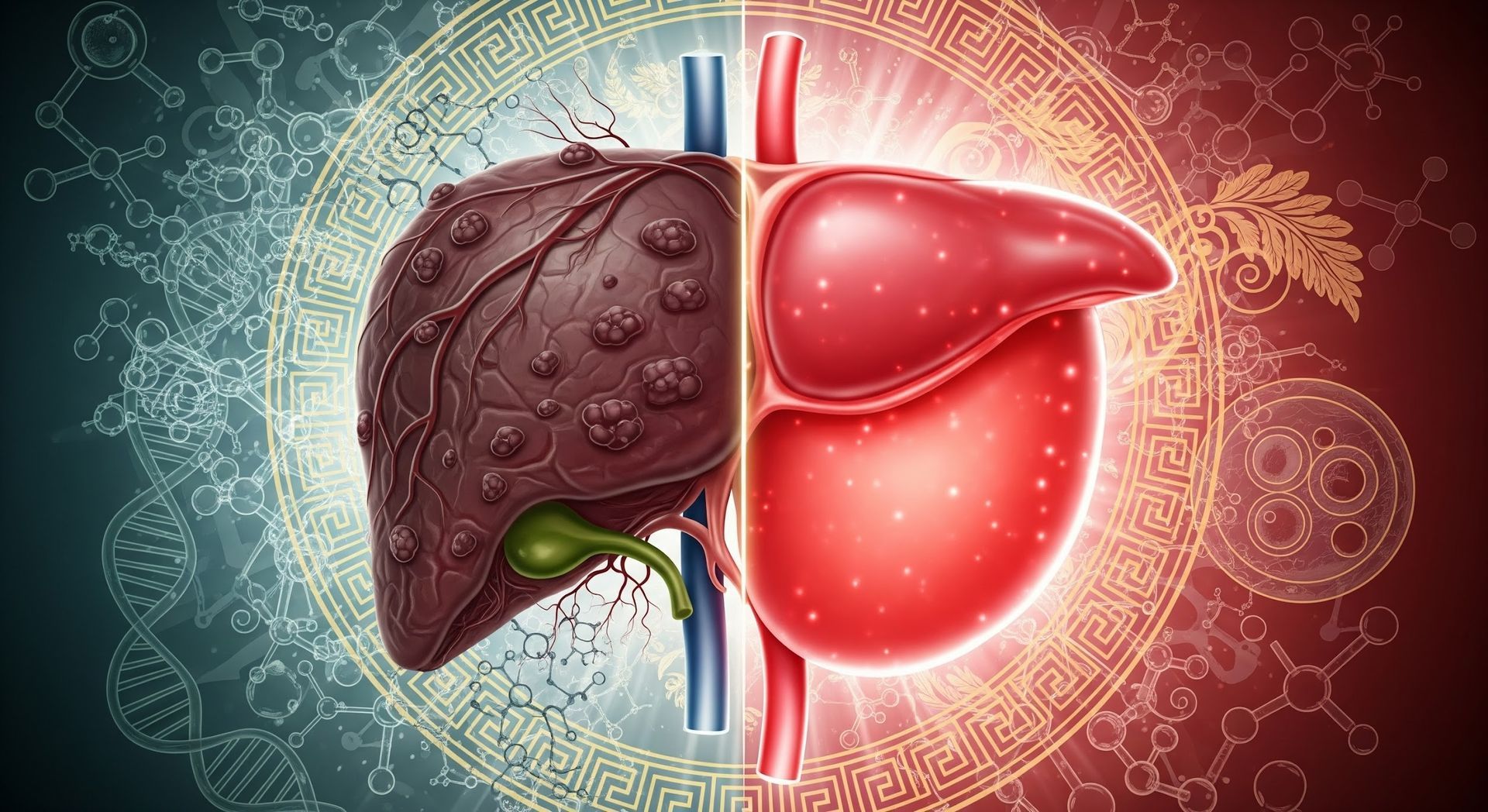 A graphic shows a healthy red liver beside a diseased, dark brown liver.