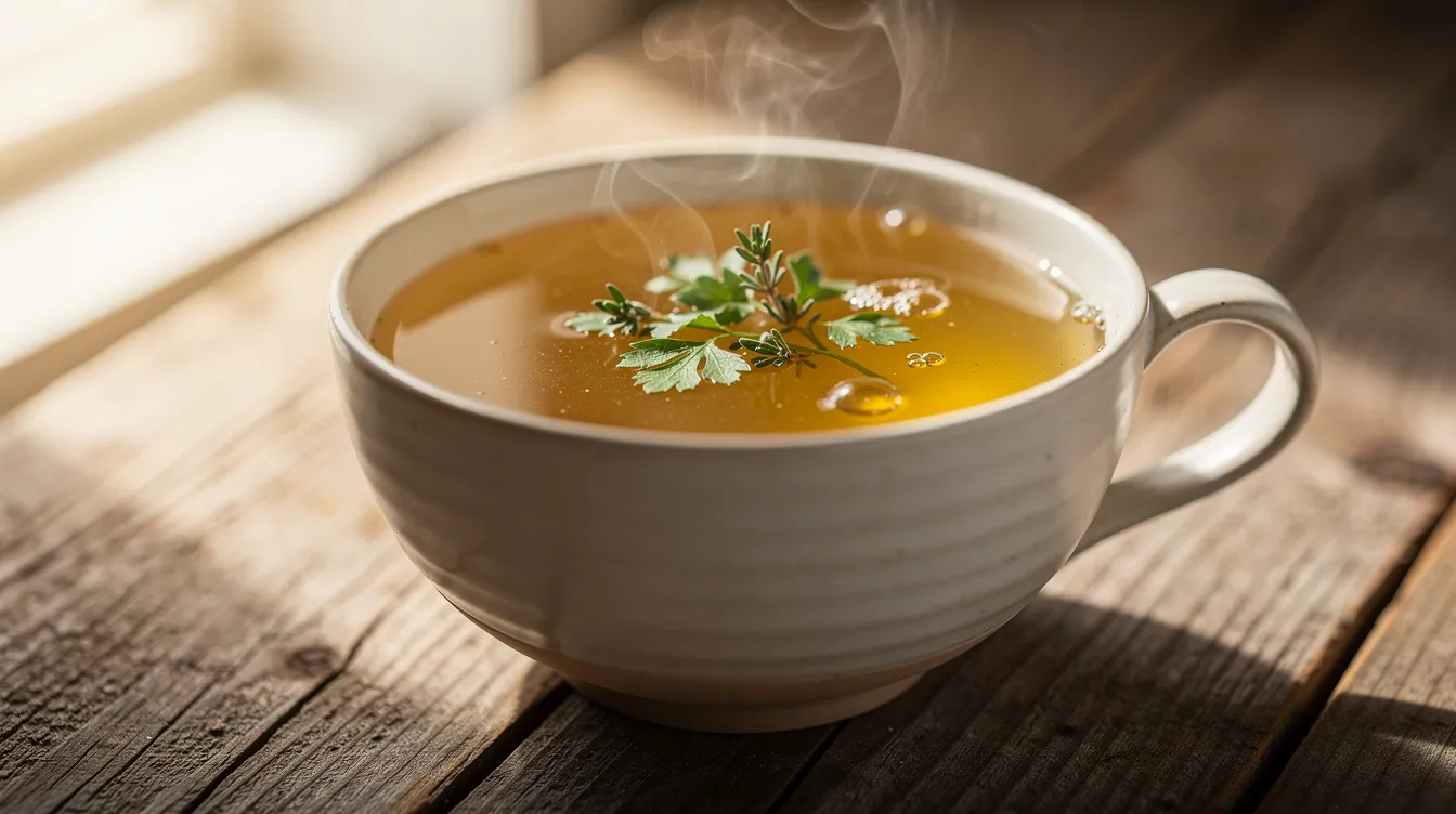 The image features a steaming ceramic bowl of golden bone broth, garnished with fresh herbs, placed on a rustic wooden table. This nourishing dish is rich in amino acids and essential nutrients, making it a healing food that supports recovery and promotes optimal healing for the body.