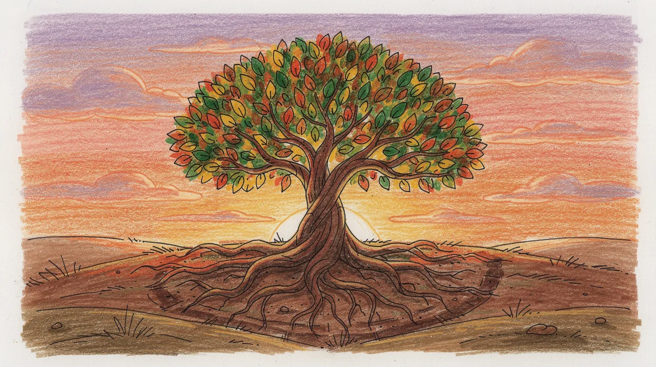 The image features a vibrant hand-drawn tree with deep roots and expansive branches, set against a warm sunset sky, symbolizing the interconnectedness of life stories and the preferred realities we create through narrative therapy. This artistic representation reflects the idea of re-authoring one's identity and the many stories that shape our lives.