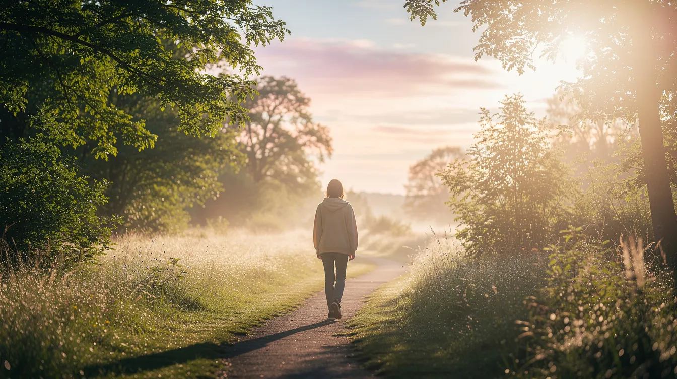 Person walking on a misty sunlit path through green woods at sunrise
