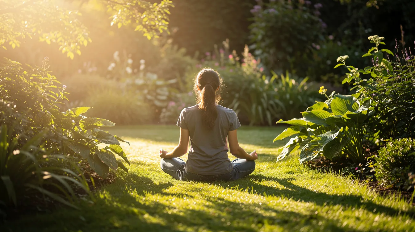 A person sits cross-legged in a sunny garden, surrounded by lush green plants and bathed in morning light, promoting a sense of holistic well-being. This serene setting reflects the principles of alternative medicine and the importance of natural therapies in achieving optimal health.