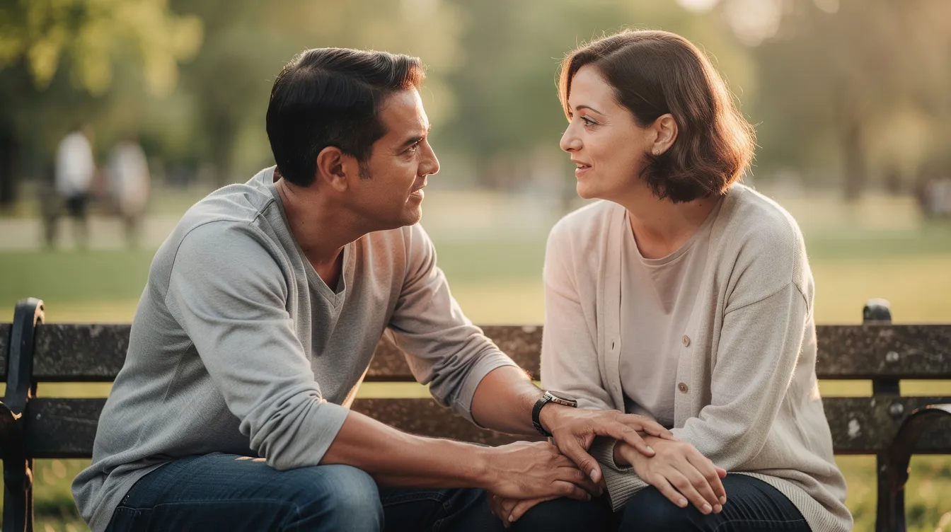 The image depicts two adults engaged in a calm and supportive conversation outdoors, embodying the essence of family support without judgment, which is crucial in the recovery process from substance use disorder. This moment highlights the importance of emotional regulation and personal relationships in overcoming addiction and maintaining sobriety.