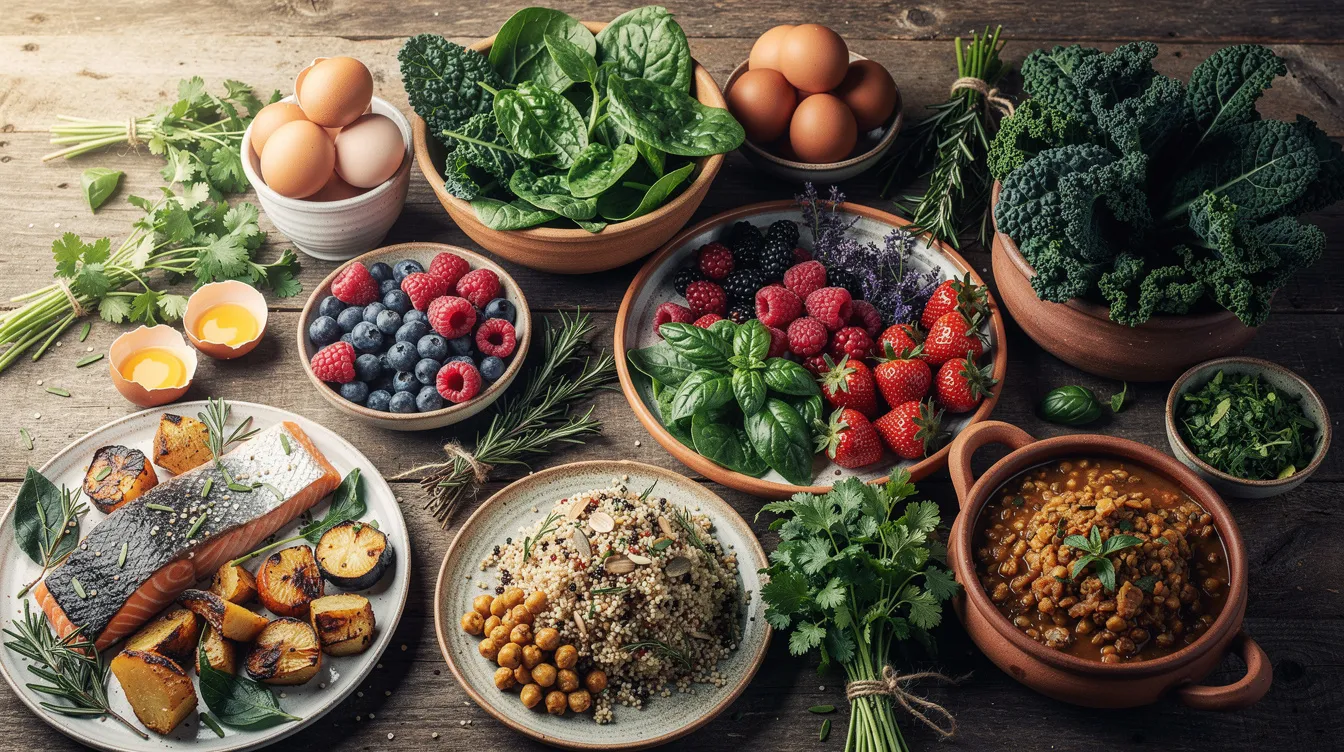 The image features a vibrant table filled with an assortment of whole foods, including fresh leafy greens, juicy berries, wholesome eggs, fragrant herbs, and nutrient-rich meals, promoting a healthy lifestyle that can support positive mental health and aid in the recovery process from substance use disorders. This colorful spread emphasizes the importance of nutrition in overcoming addiction and maintaining long-term recovery.