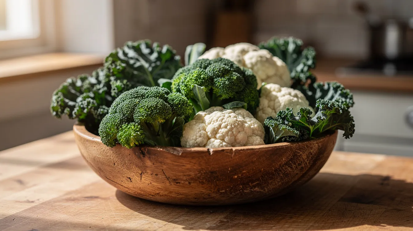 The image features fresh broccoli, kale, and cauliflower beautifully arranged in a rustic wooden bowl on a kitchen counter, showcasing vibrant green leafy vegetables that are essential for a healthy diet and can help reduce chronic inflammation. These cruciferous vegetables are known for their immune-boosting properties and support the healing process, making them ideal foods to help promote overall well-being.