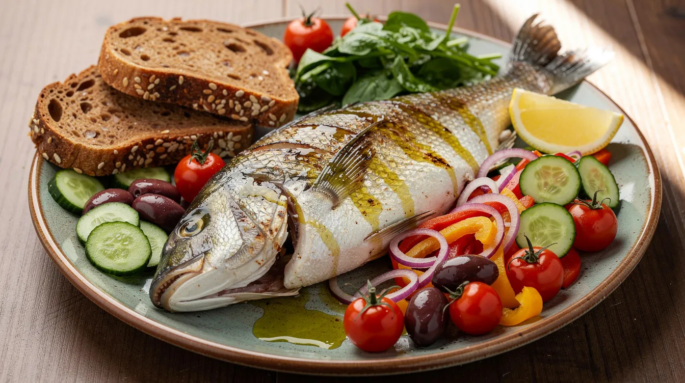 A vibrant Mediterranean-style meal is presented on a ceramic plate, featuring grilled fish drizzled with olive oil, an assortment of fresh vegetables, and slices of whole grain bread. This colorful dish emphasizes the importance of liver health and can be beneficial for people with hepatitis C, promoting a nutritious diet that supports liver function.