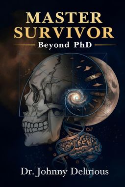 Book cover reading “Master Survivor Beyond PhD,” with a skull-brain illustration and “Dr. Johnny Delirious” at bottom