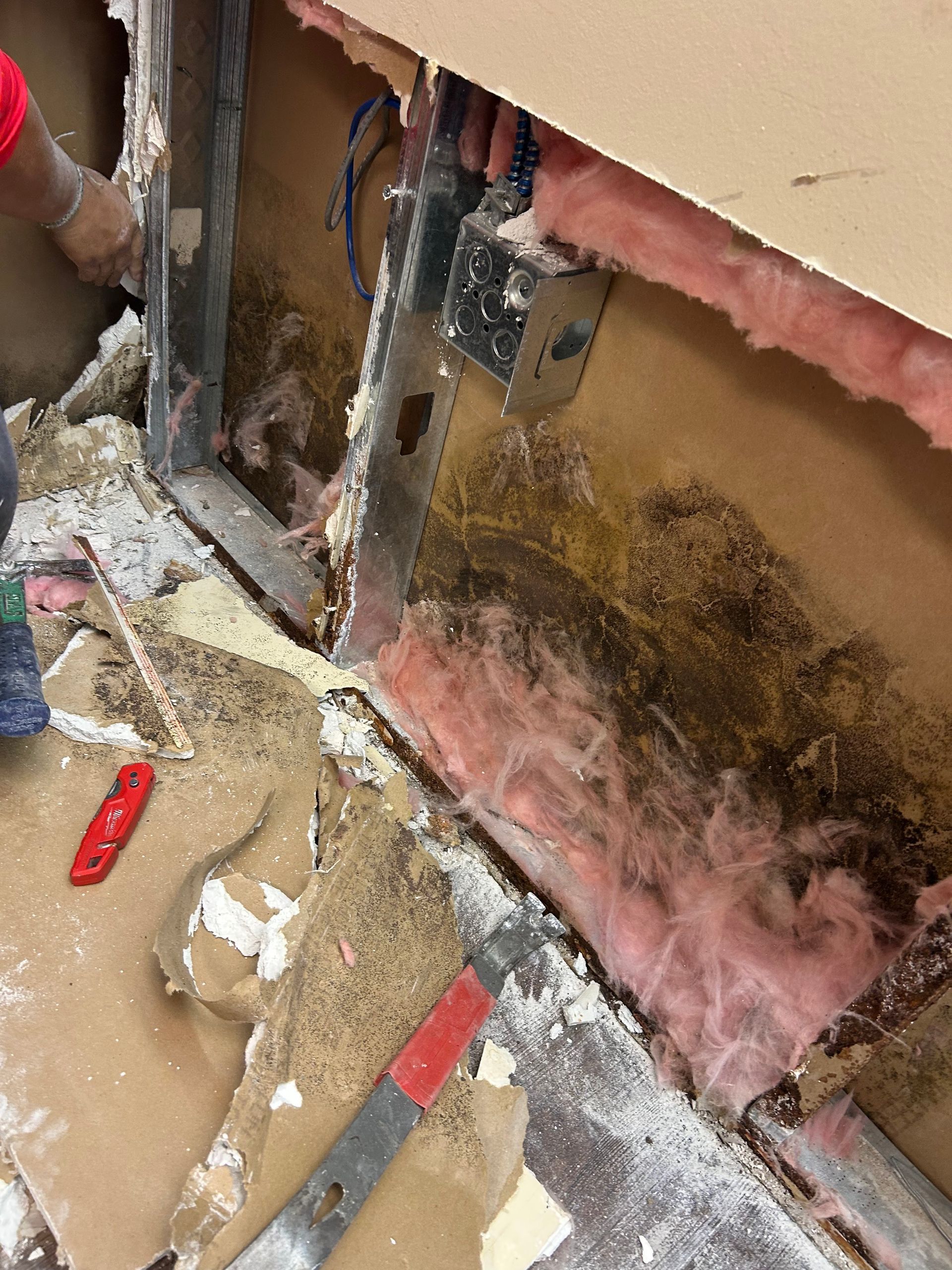 Water-damaged wall with exposed studs, moldy pink insulation, and debris on the floor