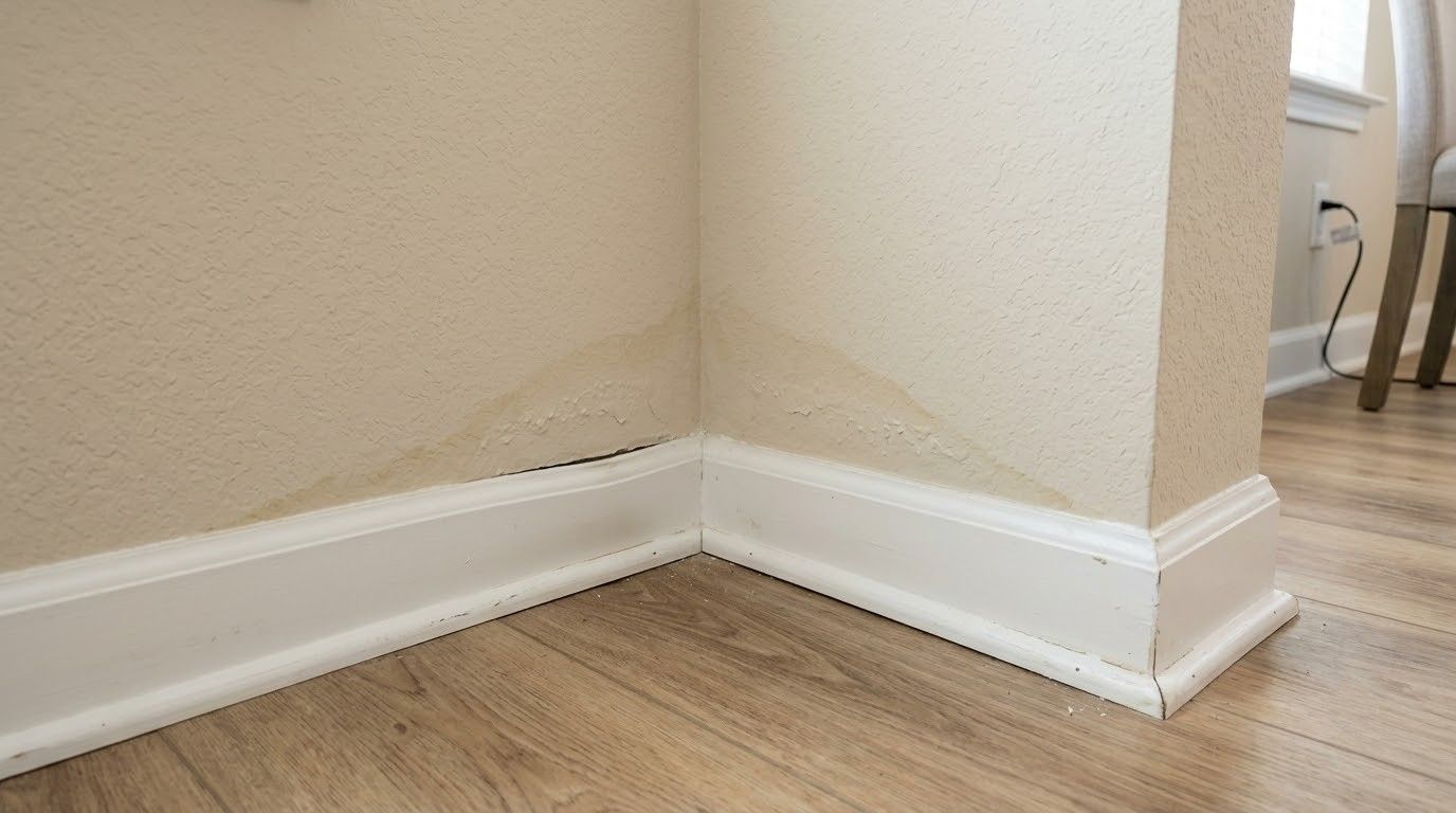 White baseboard trim on a beige corner wall above wood flooring.