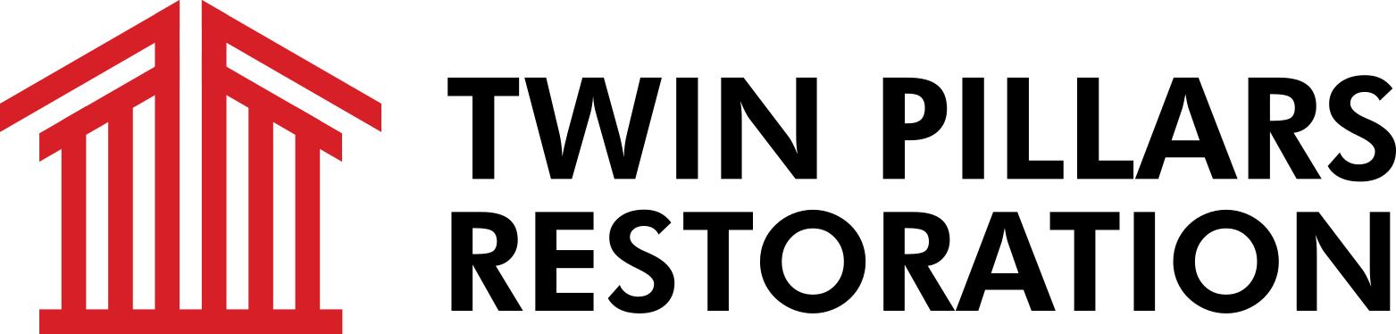 Twin Pillars Restoration logo with red column icon and black text on white background