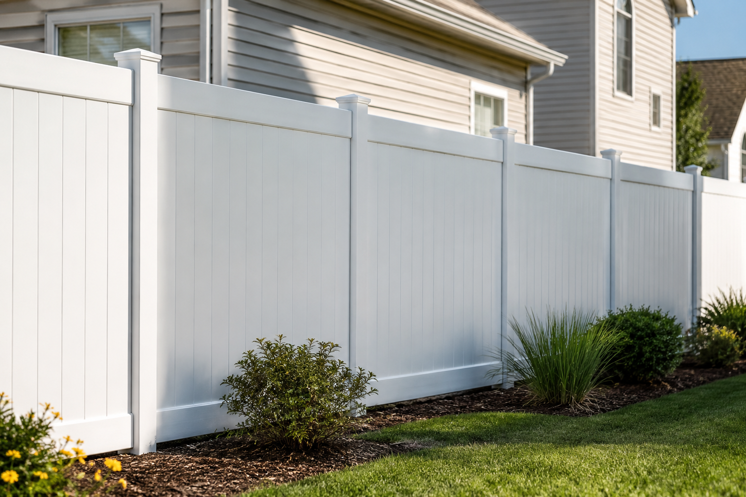 White privacy fence along a grassy suburban yard beside a house