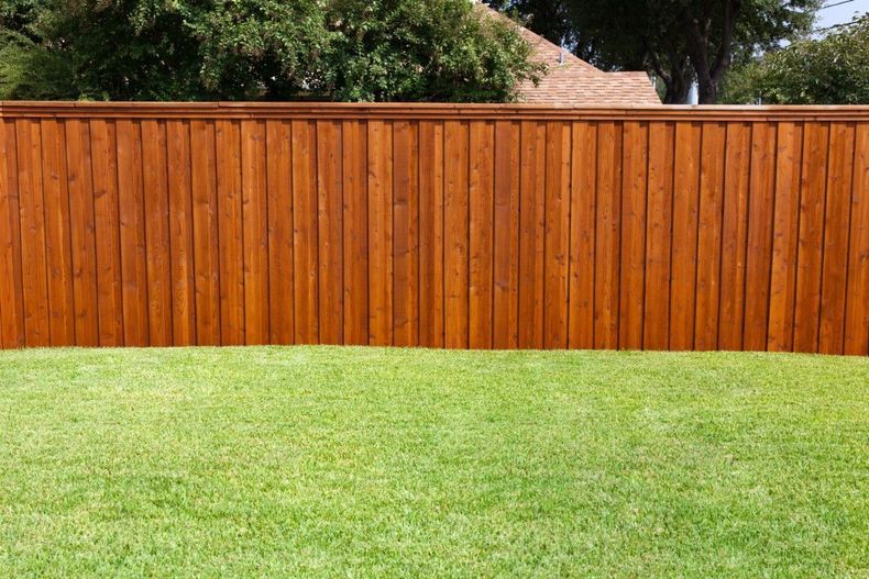Wooden privacy fence behind a green grassy yard with trees above it