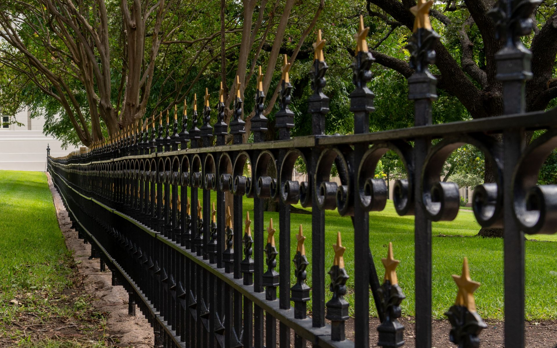 Black wrought-iron fence beside a green park path, with trees and grass in the background