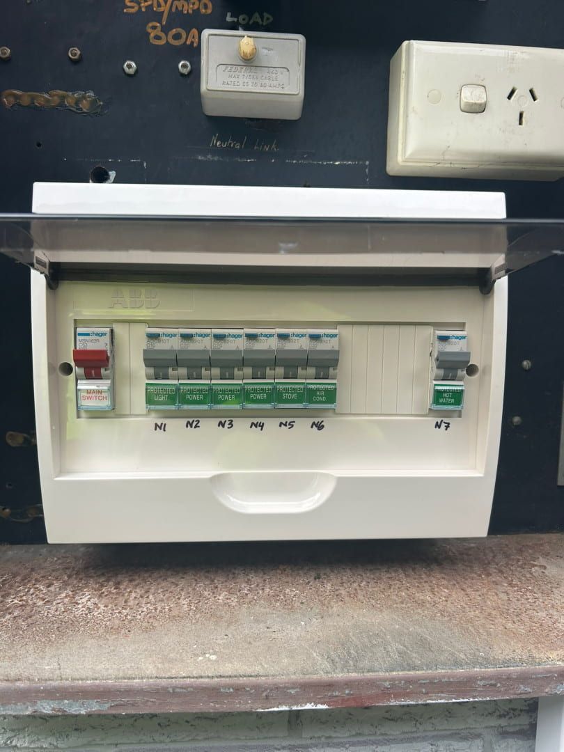 Electric Switchboard With Multiple Labeled Circuit Breakers — Fry Electrical In Newcastle, NSW