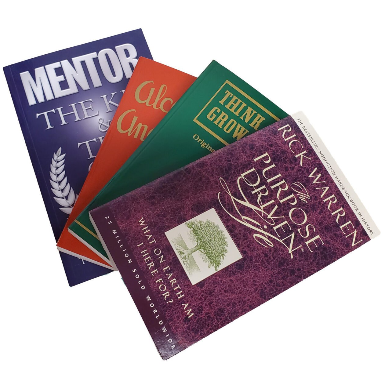 Four books stacked on top of each other with one titled mentor
