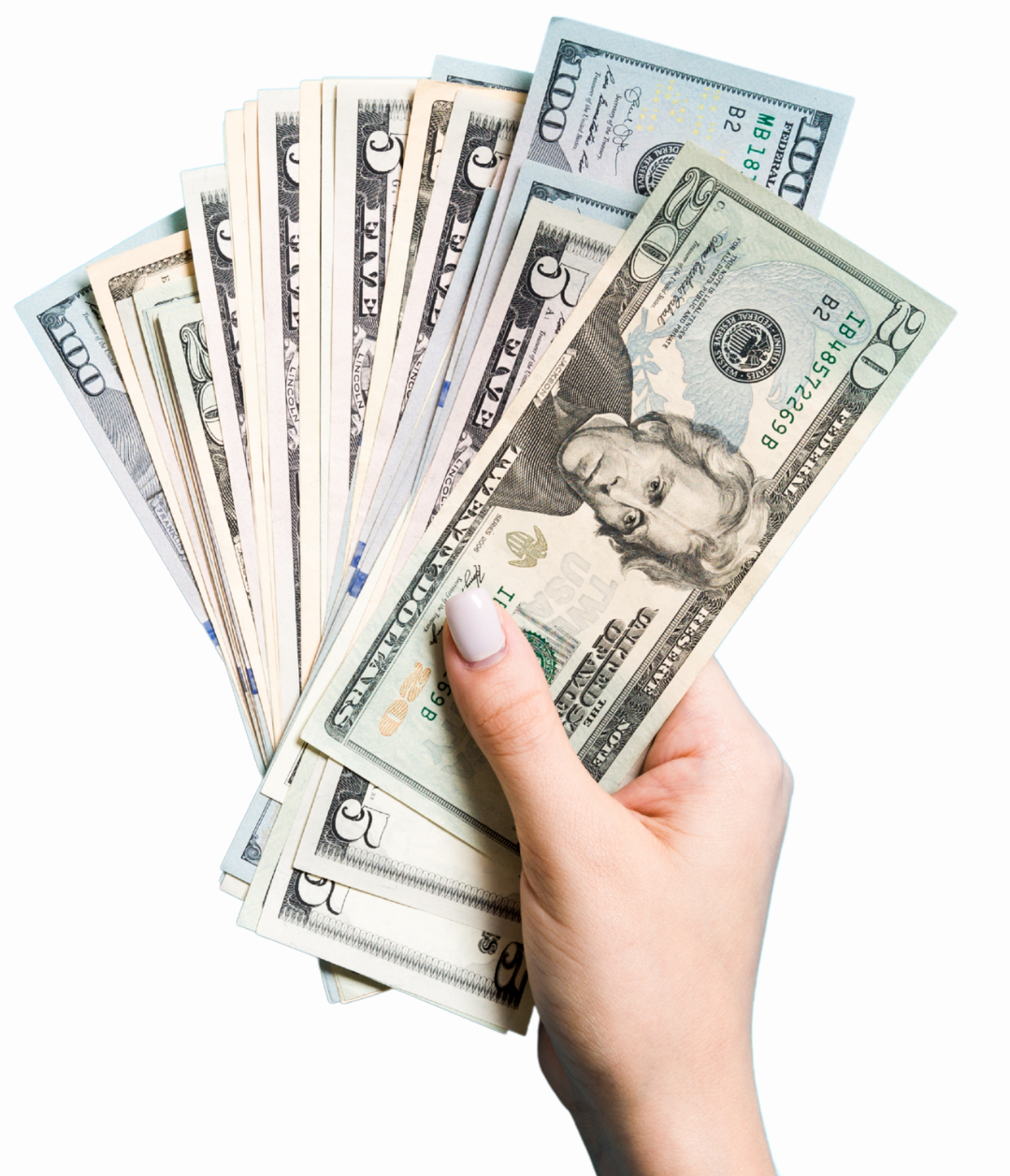 A woman 's hand is holding a fan of money.