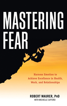 Book cover reading “Mastering Fear” with a climber hanging from a cliff silhouette against an orange sky.