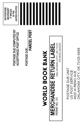 Black-and-white World Book Company marketing return label and postal mark with barcode, rotated sideways