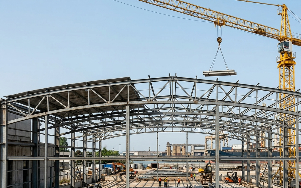 Struttura in acciaio in costruzione con una gru gialla sopra in una giornata limpida