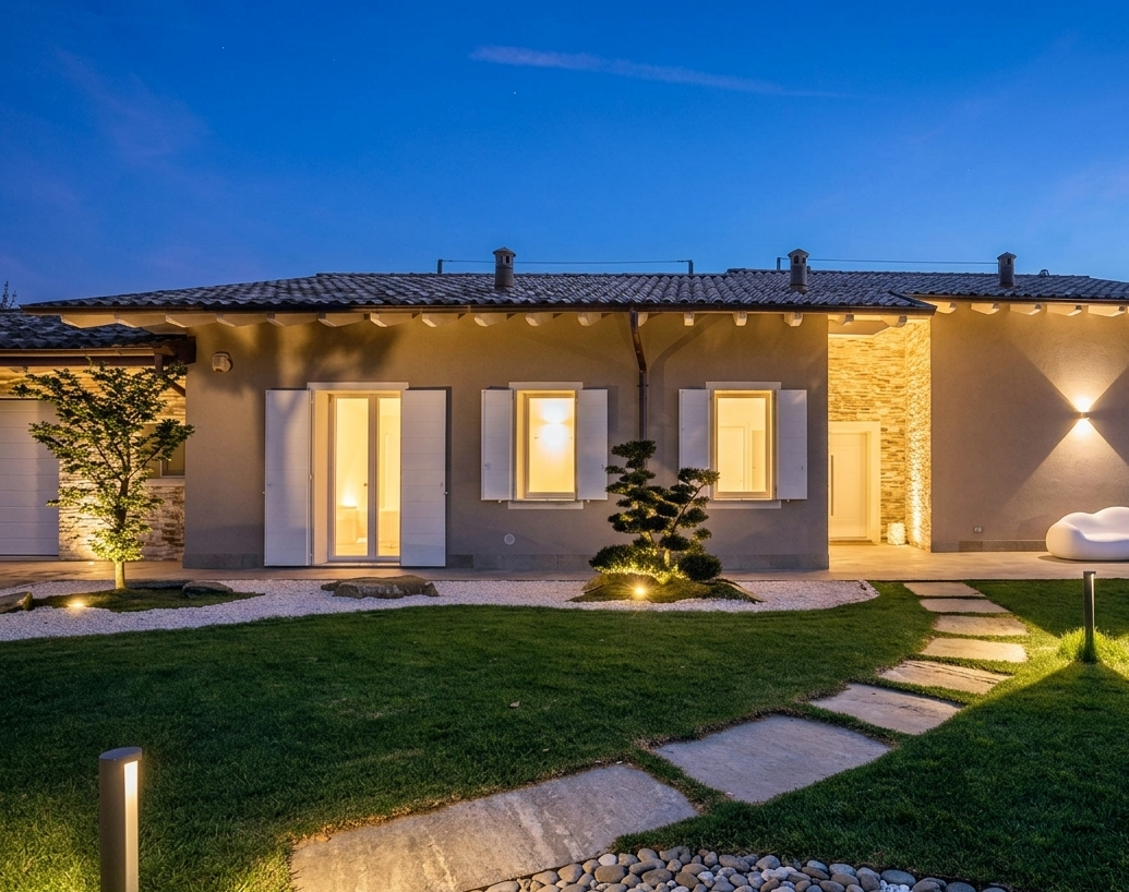Casa moderna a un solo piano al crepuscolo con calde luci esterne, prato ben curato e vialetto in pietra.