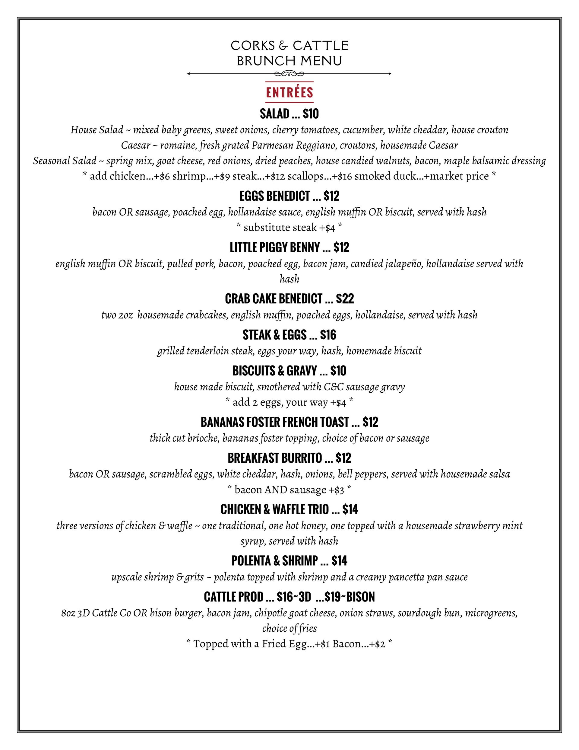 Brunch Menu Corks and Cattle