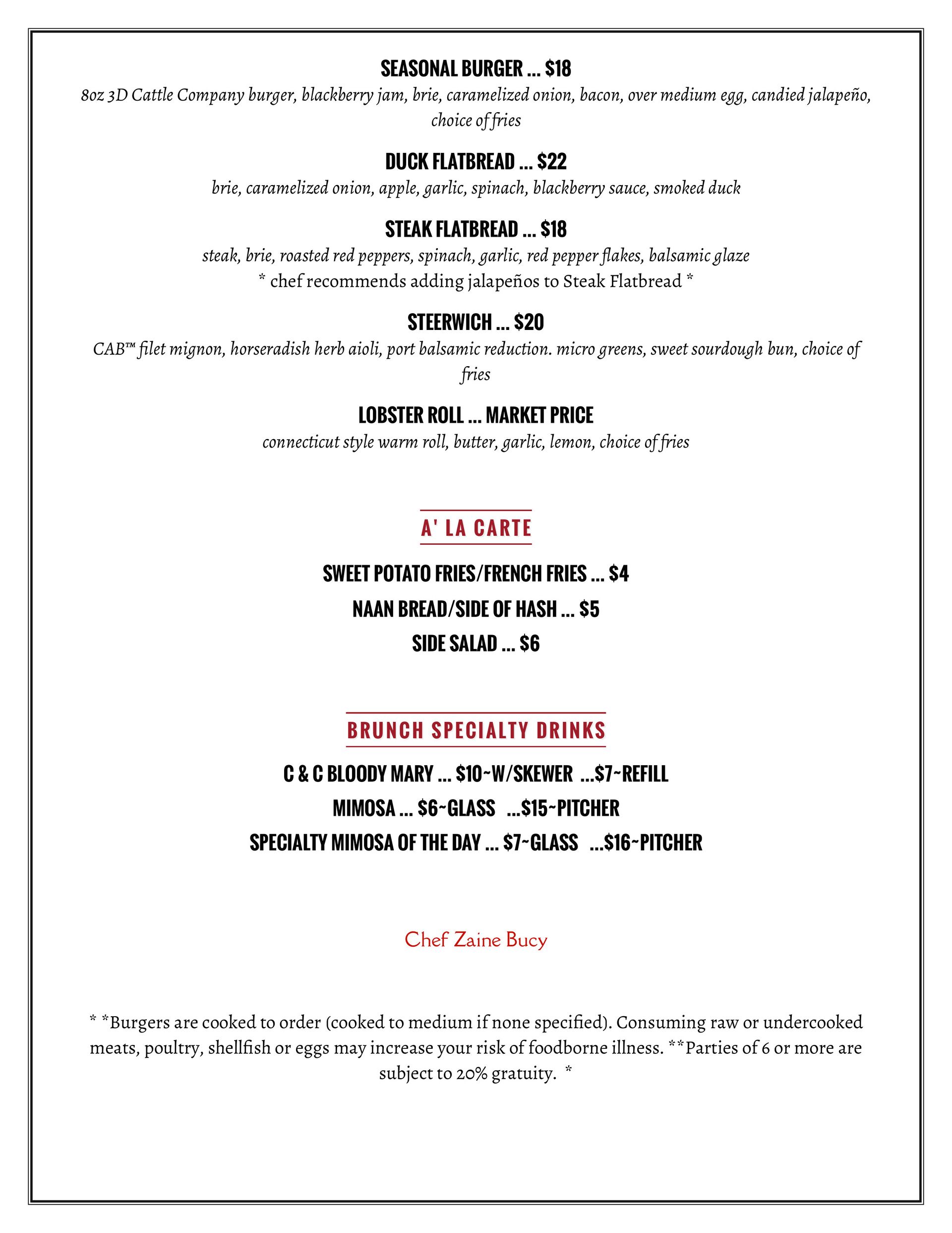 Brunch Menu Corks and Cattle