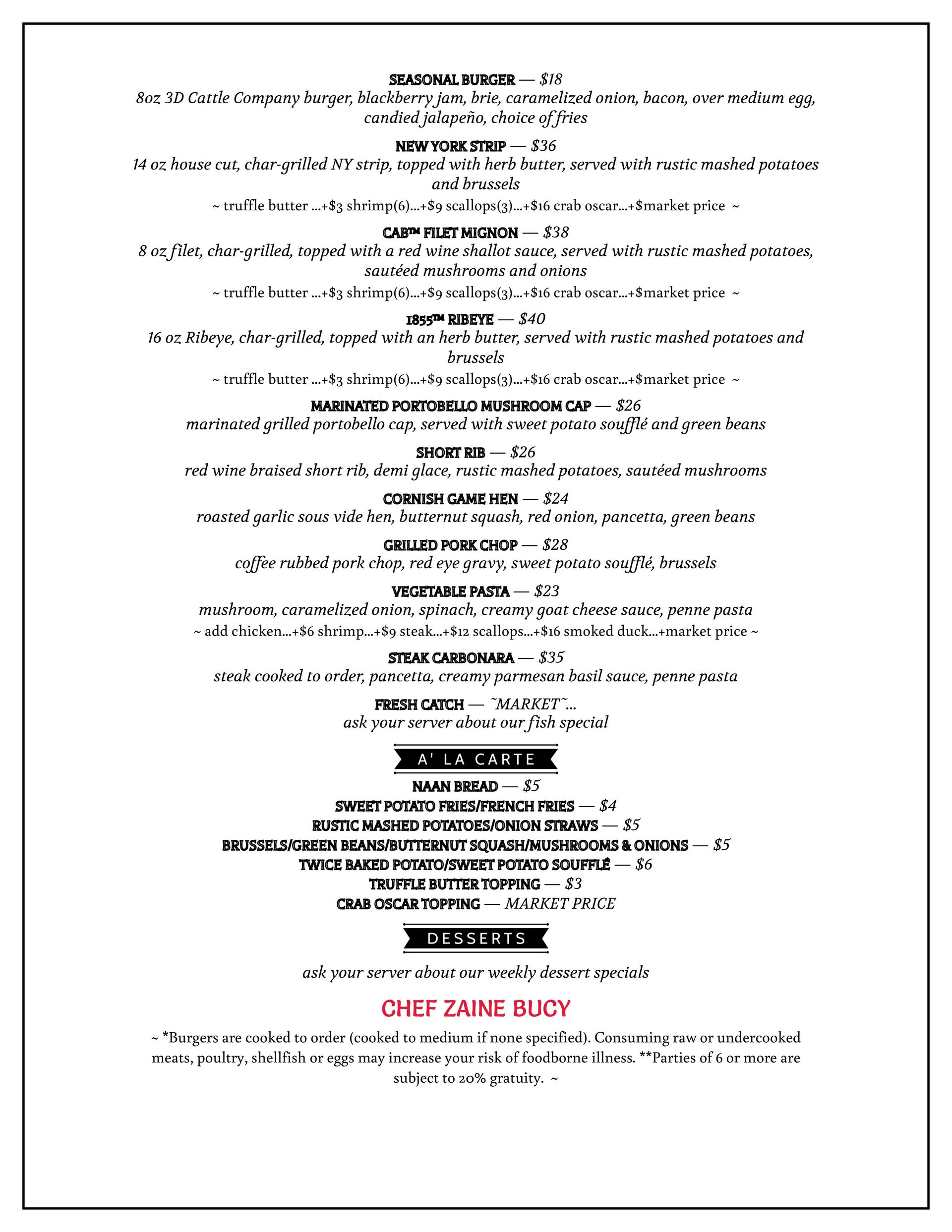 Dinner Menu Corks and Cattle