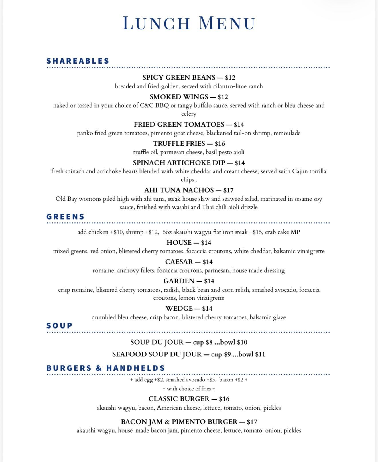 A menu for a restaurant with a lot of food on it.