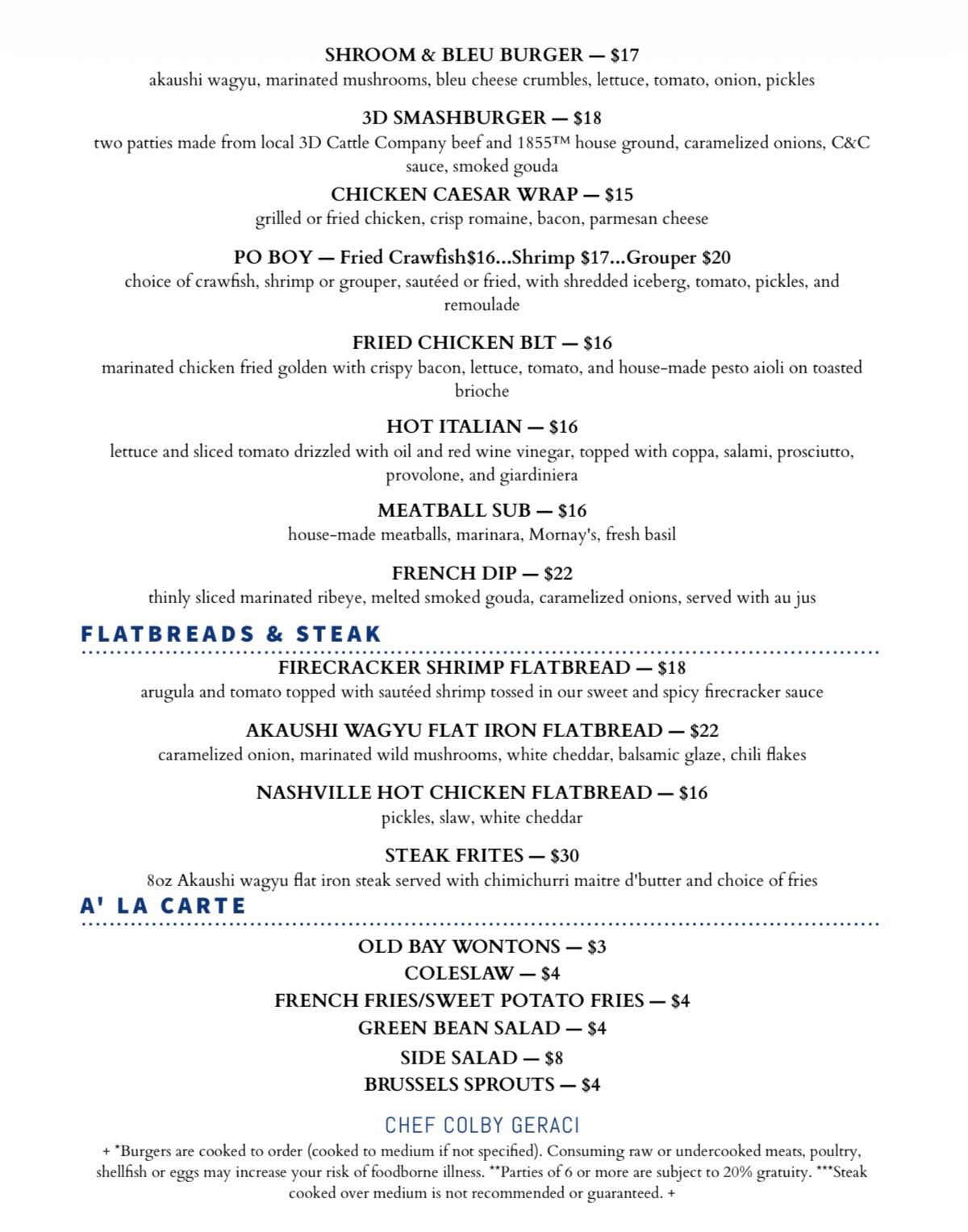 A menu for a restaurant called corks and cattle.