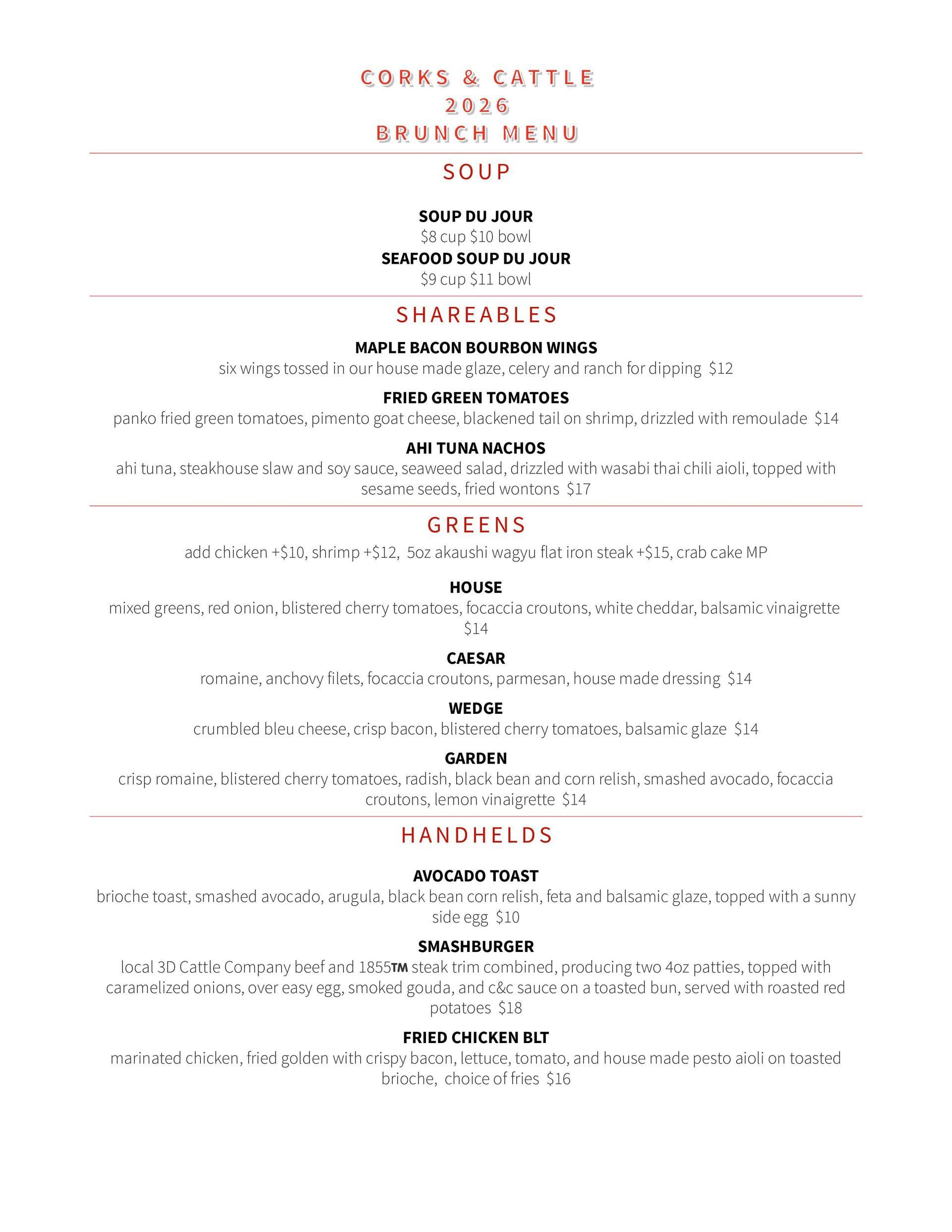 A menu for a restaurant called corks & pacific.