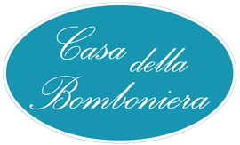Teal oval logo with white cursive text reading “Casa della Bomboniera”