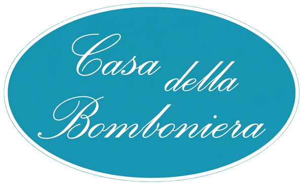 Teal oval logo with white cursive text reading “Casa della Bomboniera”