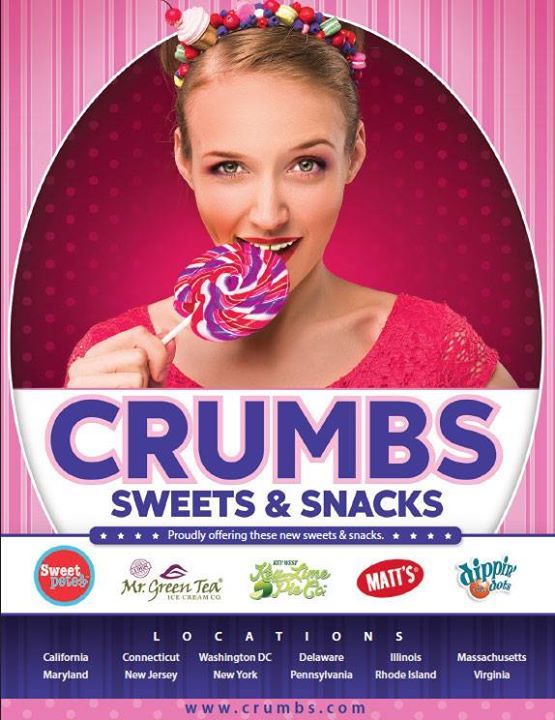 An advertisement for crumbs sweets and snacks with a woman eating a lollipop