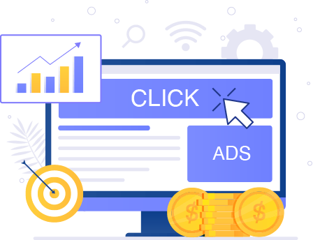 An illustration of a computer screen that says click ads