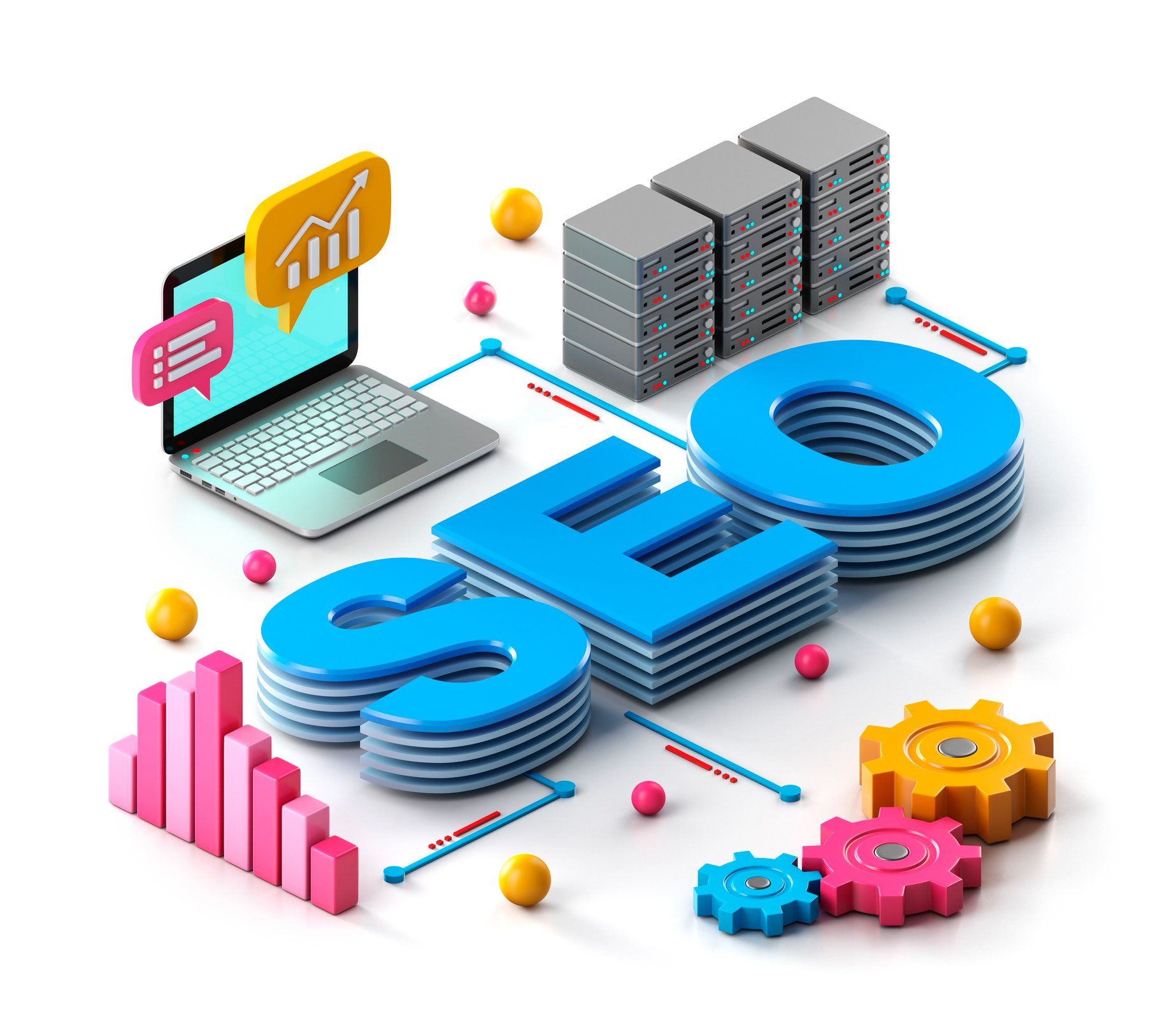 The word seo is surrounded by gears and a laptop