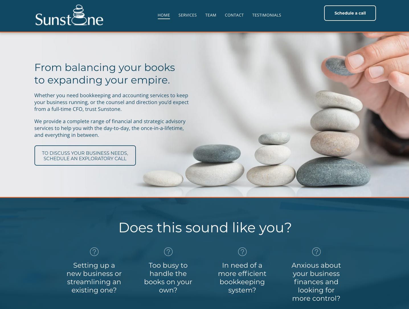 A website for sunstone shows a person stacking rocks on top of each other