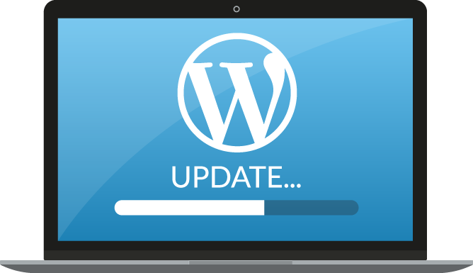 Laptop screen showing WordPress update in progress with a blue progress bar