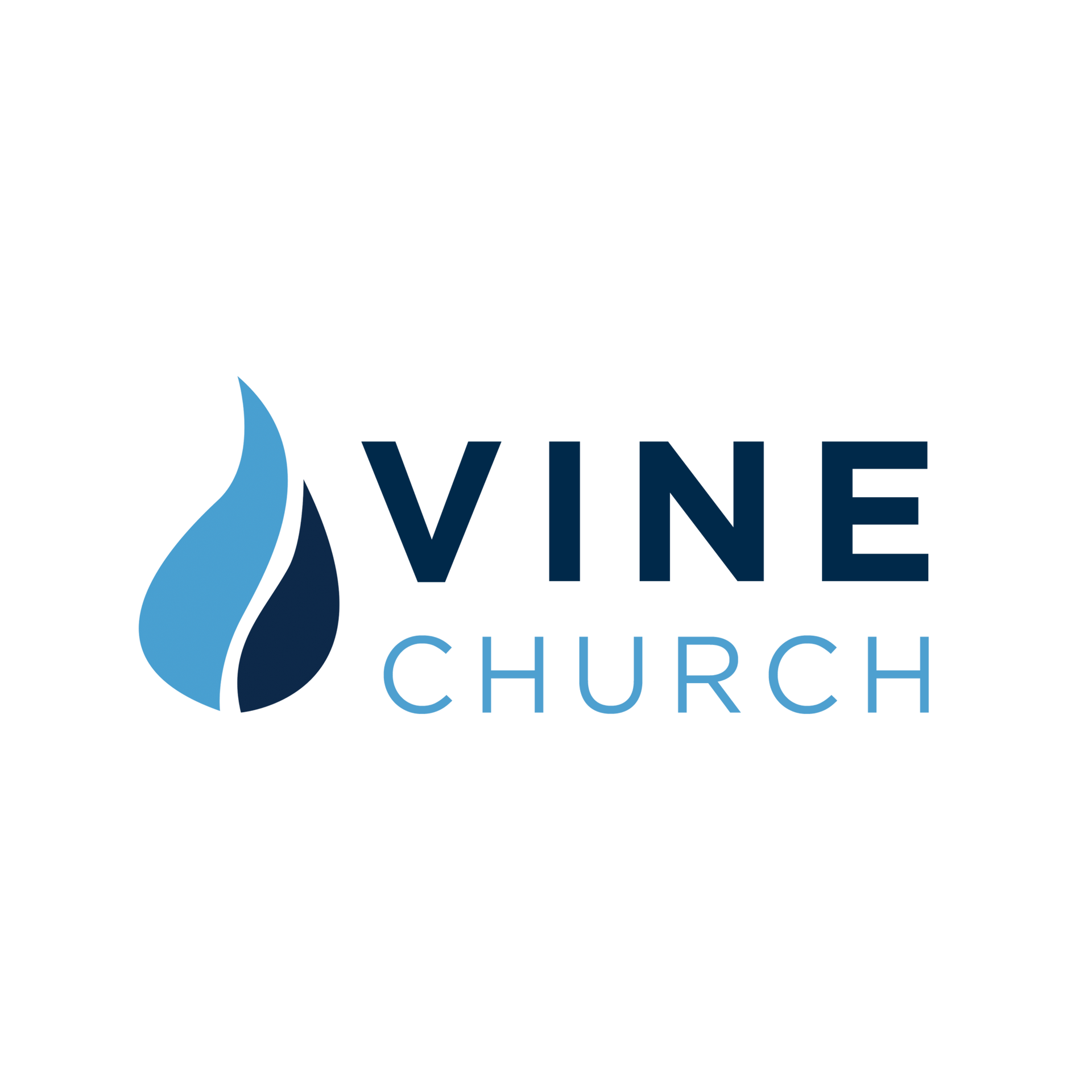 A vine church logo with a flame and a drop of water.